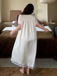 Dazy Plus Satin Contrast Lace Elegant V-Neck Sexy Bow Tie Short Sleeve Fitted Sleepwear Nightgown - Apricot - View 2