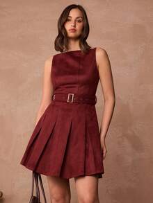 Enchnt 纯色腰带拉链休闲百搭无袖连衣裙 - 酒紅色 - 查看 5