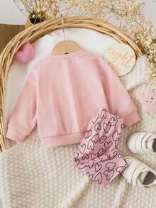 Conjunto de sudadera de manga larga con estampado de corazón y pantalones de cintura elástica para bebé niña recién nacida - Rosa - Ver 2