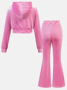 SHEIN Bộ áo hoodie và quần nỉ nhung cho bé gái tuổi teen, trang phục thể thao thường ngày. - Màu Hồng  Dưa hấu - Xem 10