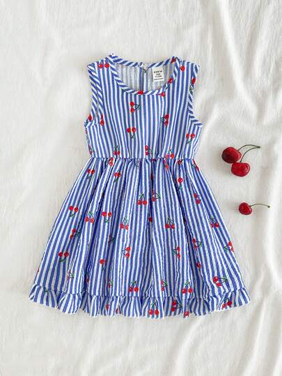 SHEIN Vintaside Kids 女婴夏季条纹连衣裙，柔和渐变色营造甜美氛围，经典条纹图案简约时尚，背部蝴蝶结装饰俏皮吸睛，宽松舒适，适合户外散步、居家休闲、亲子出游、派对等各种欢乐场合。