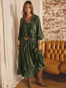 Aralina Vestido de mujer de manga farol con volantes de unicolor simple para otoño - Verde militar - Ver 8