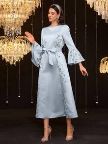 Al Najma 女士优雅亮片印花腰带喇叭袖阿拉伯风格连衣裙 - 藍色 - 查看 3