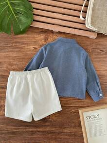 2 Pieces Babyboy Cute Summer Casual Versatile Simple Urban Long-Sleeve Stand Collar Shirt And Shorts Set Suitable For Birthday Parties, Galas, Performances, Weddings, Full Moon Celebrations, Baptisms, And First Birthday Celebrations/Baby Showers Baby Casual Sets Dusty Blue Outfit For Toddlers Boys Blue Vintage Baby Boy Outfit Toddler Boy Linen Set Baby Boy Button Down Shirt And Shorts - Blue - View 3