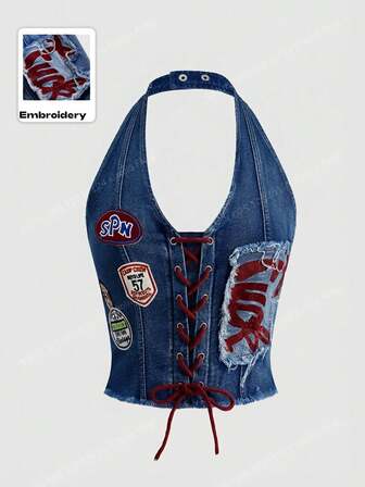 ROMWE Avant Women's Y2K Retro Jersey Sports Ballerina Style Preppy Style Slogan Logo Embroidered Decor Lace-Up Low Waist Sexy Mini Bodycon Denim Top