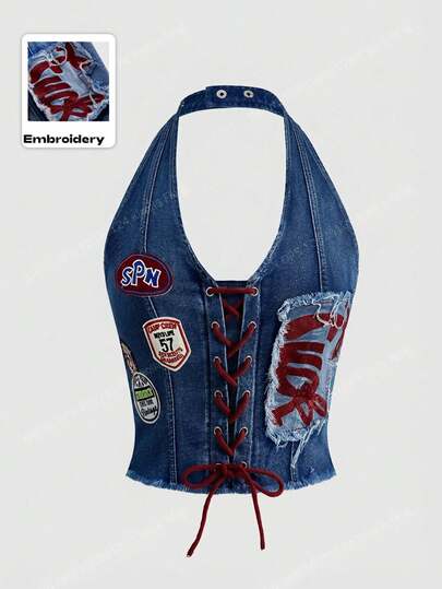 ROMWE Avant Top de mezclilla ajustado y sexy con estilo preppy, estilo de bailarina deportiva retro Y2K, con logotipo bordado y decoración de encaje a la cintura baja