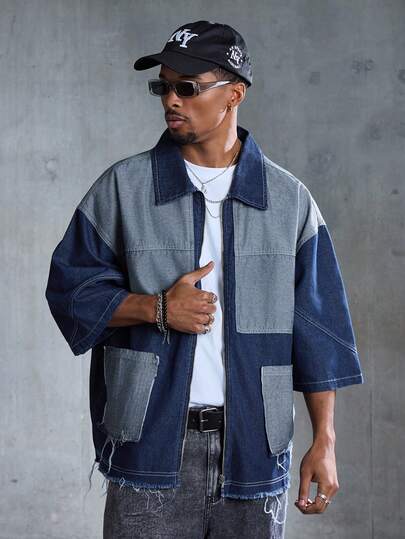 ROMWE MEN Men's Contrast Color Pocket Casual Versatile Zip-Up Denim Jacket