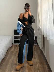 StreetHx Women's Color Block Regular Shoulder Long Sleeve Hooded Casual Waist Drawstring Denim Jumpsuit - Multicolor - View 3