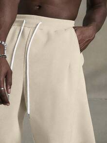 PAVTROS Men's Solid Color Drawstring Waist Pocket Casual Wide Leg Sweatpants - Khaki - View 6