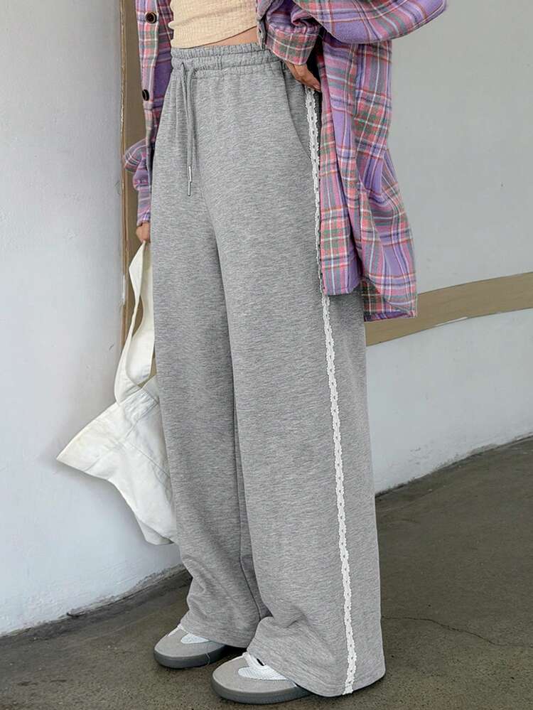 Tween Girls Knitted Straight Leg Contrast Lace Casual Pants, Fall