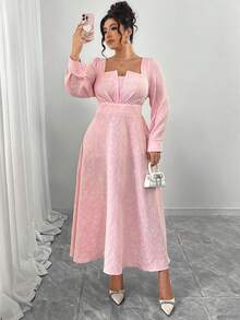 Elenzga Vestido Vermelho de Manga Longa Estilo A-Line para Mulheres Plus Size, Elegante Decote Quadrado com Busto Plissado 3D, Cintura Marcada, Mangas Bufantes, Namorada Sofisticada e Romântica, Festa do Dia dos Namorados, Ano Novo, Vestido Longo Rosa Plus Size