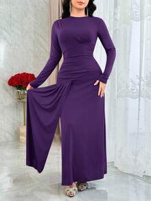 Feyla Robe longue plissée à manches longues, couleur unie et minimaliste, élégante, pour l'automne - Bold Plum - Voir 4