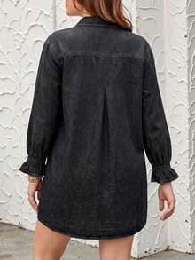 SHEIN LUNE Plus Size Front Button Washed Casual Versatile Long Sleeve Dress Long Sleeve Dress Winter Dresses For Women Thanksgiving Outfit Women New Years Women Outfit Winter Dresses Winter Clothes Women Rave Outfits - Dark Grey - View 4