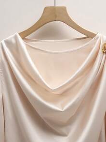 SHEIN Unity Elegant Satin Blouse Women's Cream Autumn Office Top,Glossy Shimmering Metallic Embellished Draped Collar Long-Sleeved Blouses For Commuting Parties - Beige - View 4