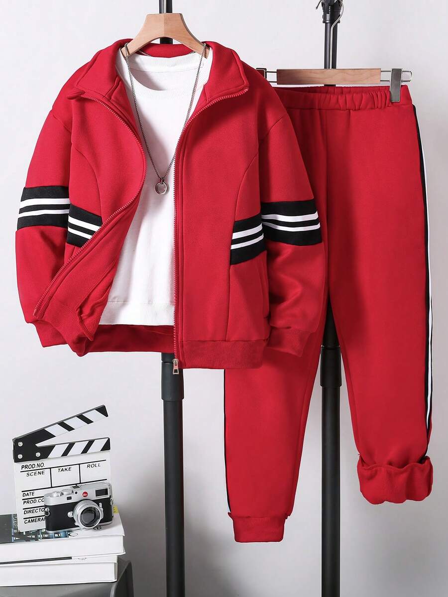 SHEIN Explorewe 男童连帽长袖外套套装（含裤子）2件套 - 紅色 - 查看 1