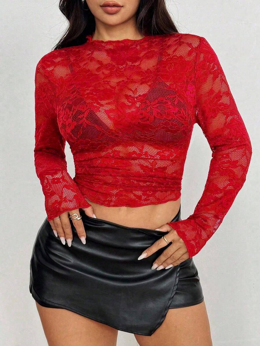 SHEIN Tall Plus Size Women Sexy Sheer Lace Long Sleeve Round Neck Casual Slim Fit High Stretch Top, Spring/Autumn - Red - View 1