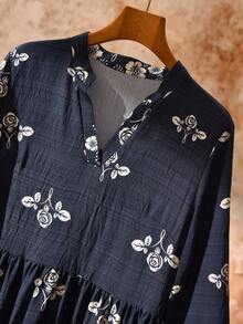 Rusticease Women's Floral Print V-Neck Long Sleeve Dress - Navy Blue - View 5