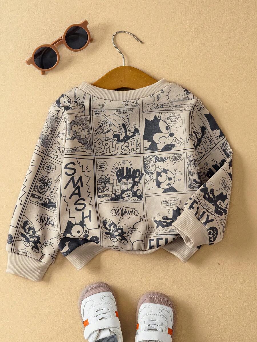 SHEIN Felix The Cat Baby Boy Casual Cartoon Pattern Crew Neck Sweatshirt, Autumn - Green - View 1