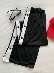 SHEIN EZwear Quần ống rộng cài nút tương phản đơn giản cho nữ - màu đen - Xem 7