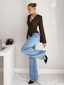 Siren Gaze Women's Striped Print Ruffle Asymmetric Hem Long Sleeve Blouse Spring Elegant Brown - Coffee Brown - View 2