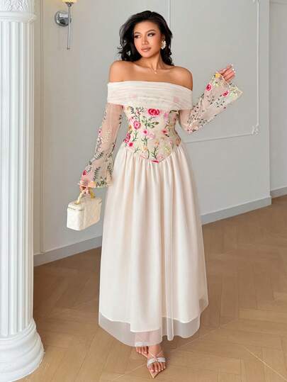 Rafferiza Women's Elegant Romantic Mesh Floral Embroidery Off-Shoulder Mesh Patchwork Flare Sleeve Dress