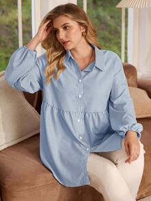 Rosumi Plus Size Winter Women Casual Striped Lantern Sleeve Shirt - Blue and White - View 4