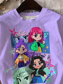 SHEIN 2件套少女休闲时尚彩色韩流女团字母星星印花圆领短袖T恤和短裤套装，适合度假、派对、日常穿着、演唱会等场合。 - 彩色 - 查看 6