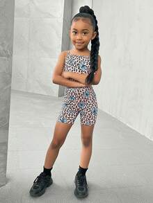SHEIN SLAYR KIDS Young Girl Butterfly & Leopard Print Cami Top & Shorts - Multicolor - View 3