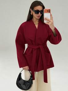 Aloruh Women's Elegant Solid Color Waist Pocket Overcoat