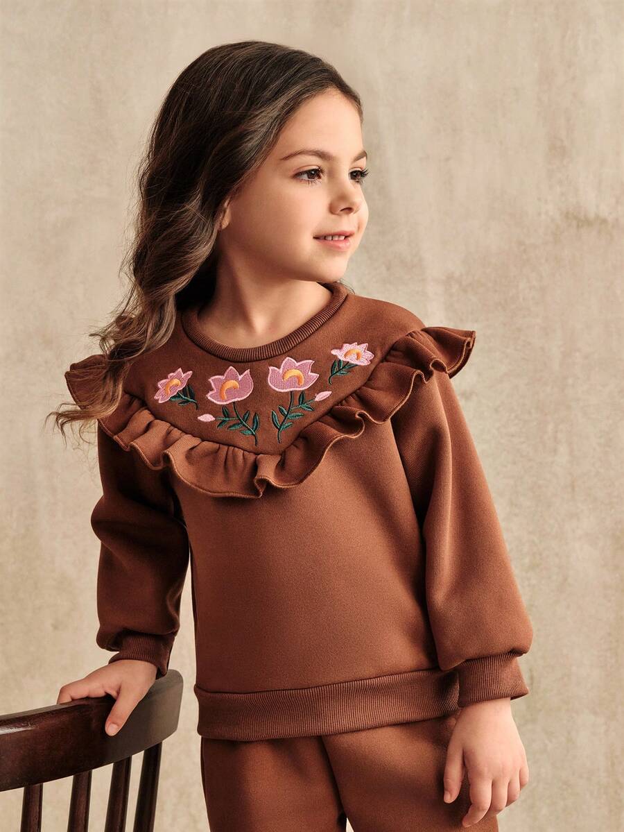 SHEIN 2pcs/Set Young Girl Young Girlrl Casual Ruffle Embroidered Sweatshirt Top + Sweatpants, Suitable For Layering With Jackets, Coats, Hoodies, Ideal For Everyday Wear, Autumn/Winter - Brown - View 1