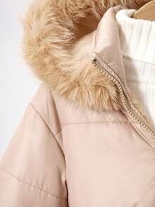 Young Girls' Warm Fleece Hooded Padded Coat, Winter - Khaki - View 4