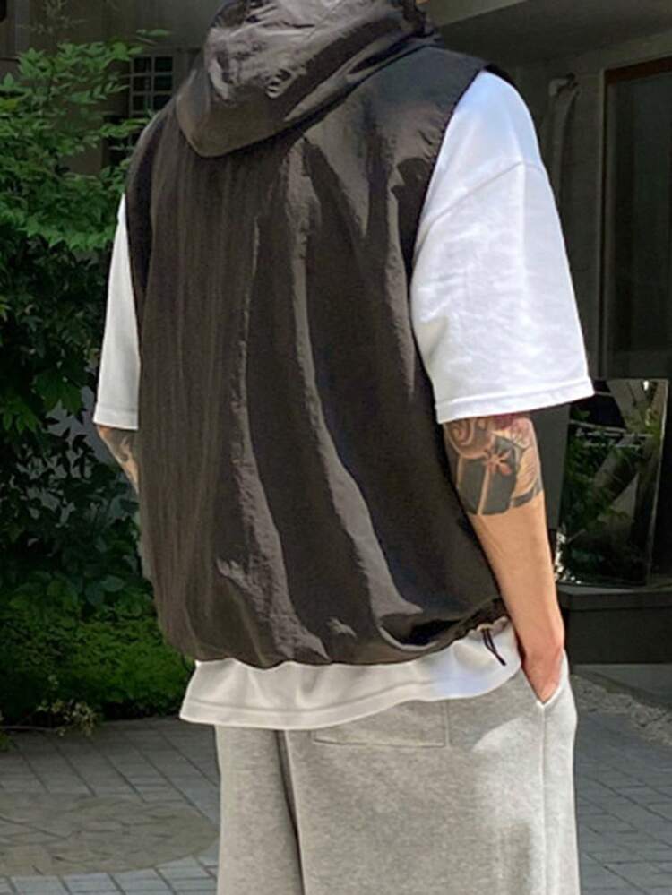 Men's Grey Hooded Drawstring Hem Jacket And Coat, Spring/Summer