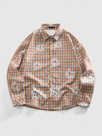 Camicia casual da uomo a maniche lunghe con stampa a quadri, stile college