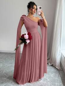 Rafferiza Red Ruched Ruffle Mesh Dress, Elegant Party Gown With Extra Long Sleeves, Suitable For Valentine's Day - Dusty Pink - View 4