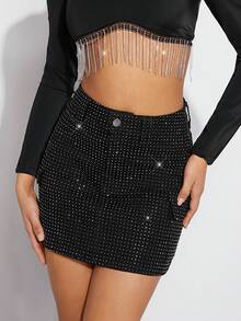 Denimoi Women's Black Rhinestone Dot Flap Pocket Denim Skirt, Mini Skirt, For Going Out, Party, Country Concert, Rave Festival, Clubwear - Black - View 8