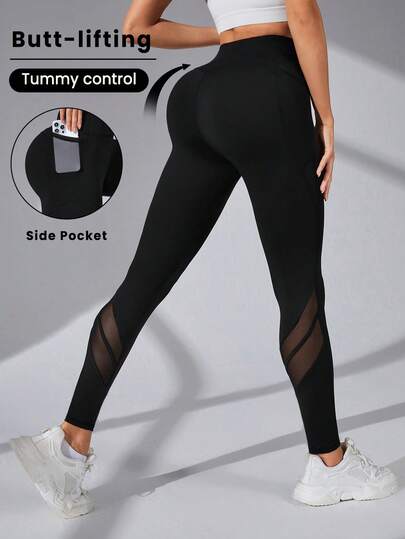Eassivo Eassivo High-Waist Mesh Spliced Sport Leggings With Side Pockets, Suitable For Yoga And Fitness