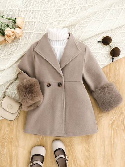 SHEIN Autumn/Winter Wool Blend Coat With Faux Fur Cuff Design, Fashionable, Sweet And Elegant Baby GirlOuterwear, Suitable For Outings, Parties And Celebrations
