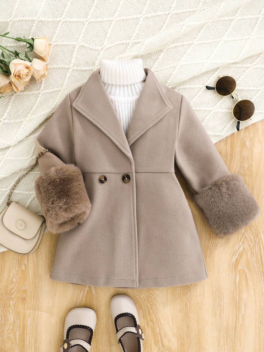 SHEIN Autumn/Winter Wool Blend Coat With Faux Fur Cuff Design, Fashionable, Sweet And Elegant Baby GirlOuterwear, Suitable For Outings, Parties And Celebrations - Khaki - View 1