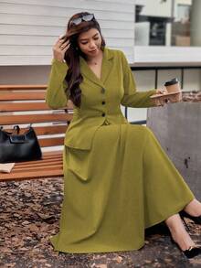Vionelle 大码女式法式休闲长袖上衣和中长裙两件套，秋冬款 - 橄欖綠 - 查看 3