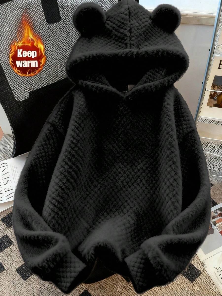 Resyla Áo nỉ dài tay dáng rộng, màu trơn, chất liệu mềm mại, họa tiết tai gấu, dễ thương và độc đáo, phù hợp cho mùa thu/đông, đi học và mặc hàng ngày. - màu đen - Xem 1