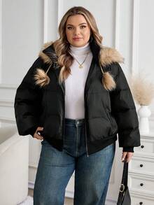 SHEIN CURVE+ Plus Size Women's Casual Patch Fluffy Drawstring Fluffy Canopy Decoration Zipper Hooded Padded Coat, Winter - Black - View 6