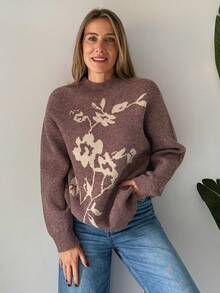 Vivie Lora Suéter casual holgado con estampado floral de bloques de color para mujer - Marrón - Ver 6
