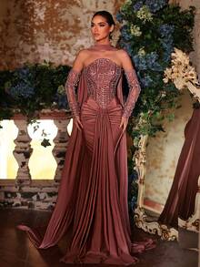 Glamrae Váy đuôi cá dáng ôm, tay dài, chất liệu thun co giãn, đính cườm và sequin sang trọng màu tím sen thanh lịch (có thể tháo rời), thích hợp cho các buổi hẹn hò, đám cưới, sự kiện trang trọng, tiệc tối trang trọng - Bụi tím - Xem 3