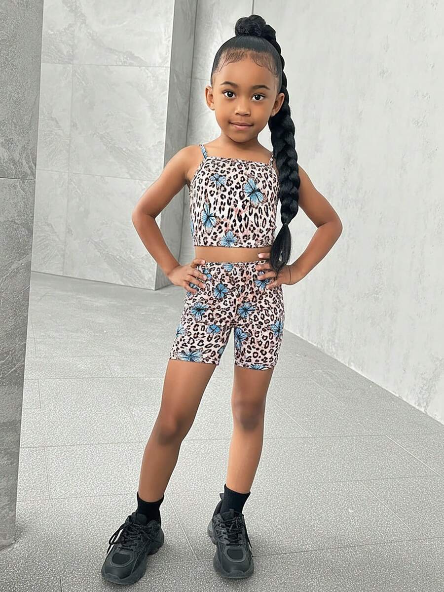 SHEIN SLAYR KIDS Young Girl Butterfly & Leopard Print Cami Top & Shorts - Multicolor - View 1