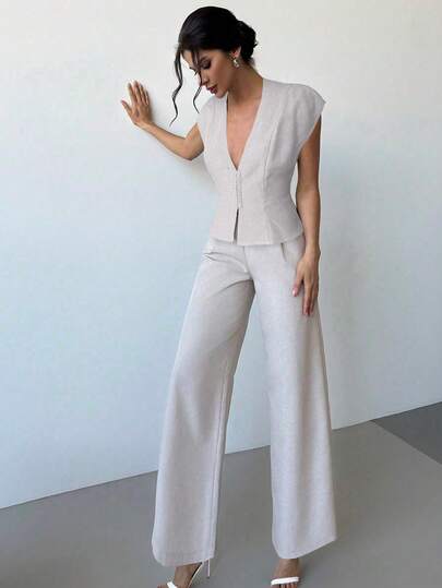 Firerie Elegant Lightweight Linen-Like V-Neck Cap Sleeve Blouse And High Waist Pleated Wide Leg Pants Set, Casual Business Commuter Outfit, Suitable For Spring/Summer, Graduation Ceremony, Teacher Attire, Back To School Season In Autumn/Winter
