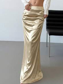 Firerie Women's Satin Elegant Solid Color Pleated Fishtail Hem Skirt,Elegant High Waist Gold Satin Ruched Long Skirt Flowy Party Maxi Skirt,Chic Women's Gold Satin Ruched Draped Long Skirt Bodycon Maxi Skirt For Evening Out,Wedding,Party - Dusty Pink - View 6