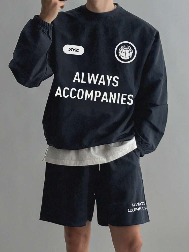 Men's Navy Blue Letter Print Crew Neck Pullover Pullover Sweatshirt Set With Drawstring Design, Spring/Summer