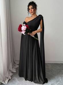 Rafferiza 红色荷叶边褶皱网纱连衣裙，优雅派对礼服，超长袖 - 黑色 - 查看 3