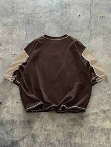 AXEPEAK Contrast Color Round Neck Loose Fit Men's T-Shirt - Brown - View 2