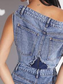 Denimoi Stacked Wide Leg Denim Jumpsuit - Light Wash - View 6